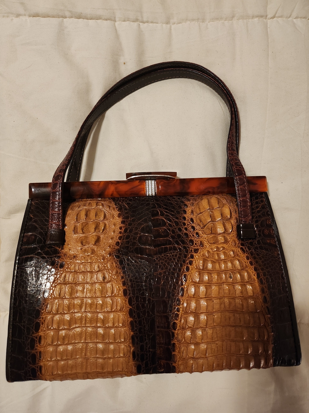 Classic Two-Tone Crocodile-Embossed Leather Top-Handle Bag - Brown/Tan